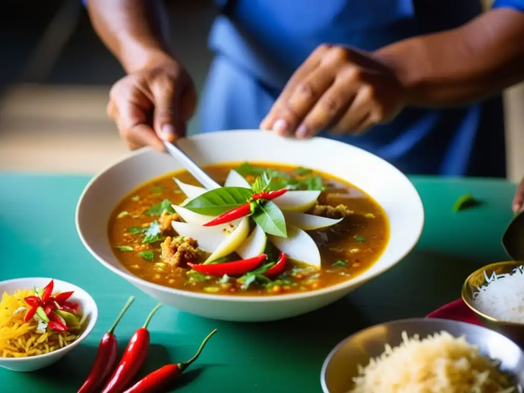 Chef maldivio preparando Garudhiya, sopa de pescado con atún, coco y chile