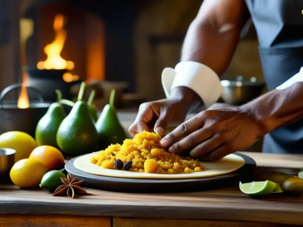 Un chef maldivio preparando una receta histórica con ingredientes vibrantes en una cocina tradicional de las Islas Maldivas