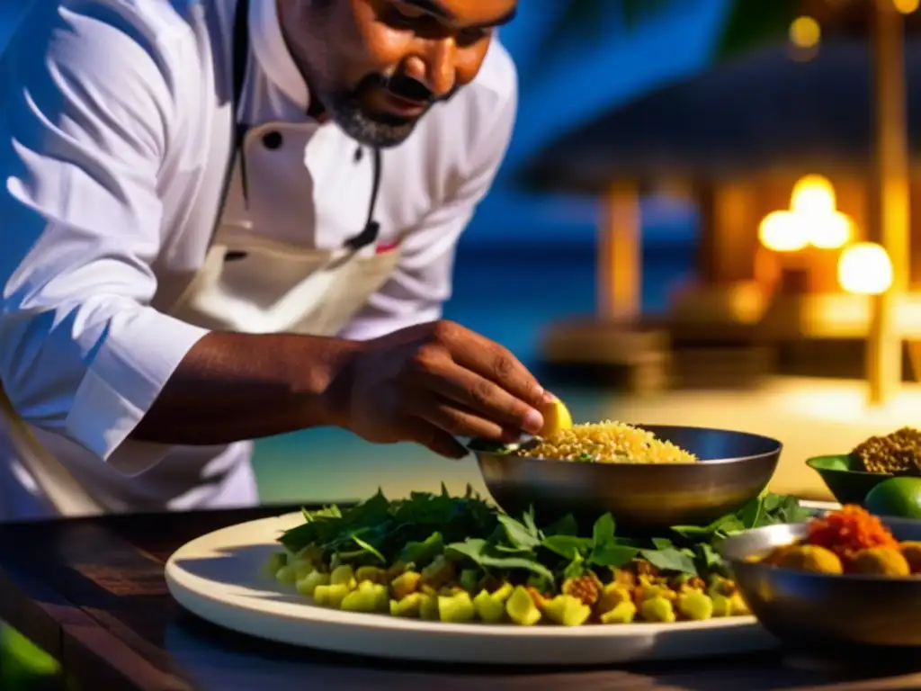 Chef maldivio preparando receta histórica bajo las estrellas en las Islas Maldivas