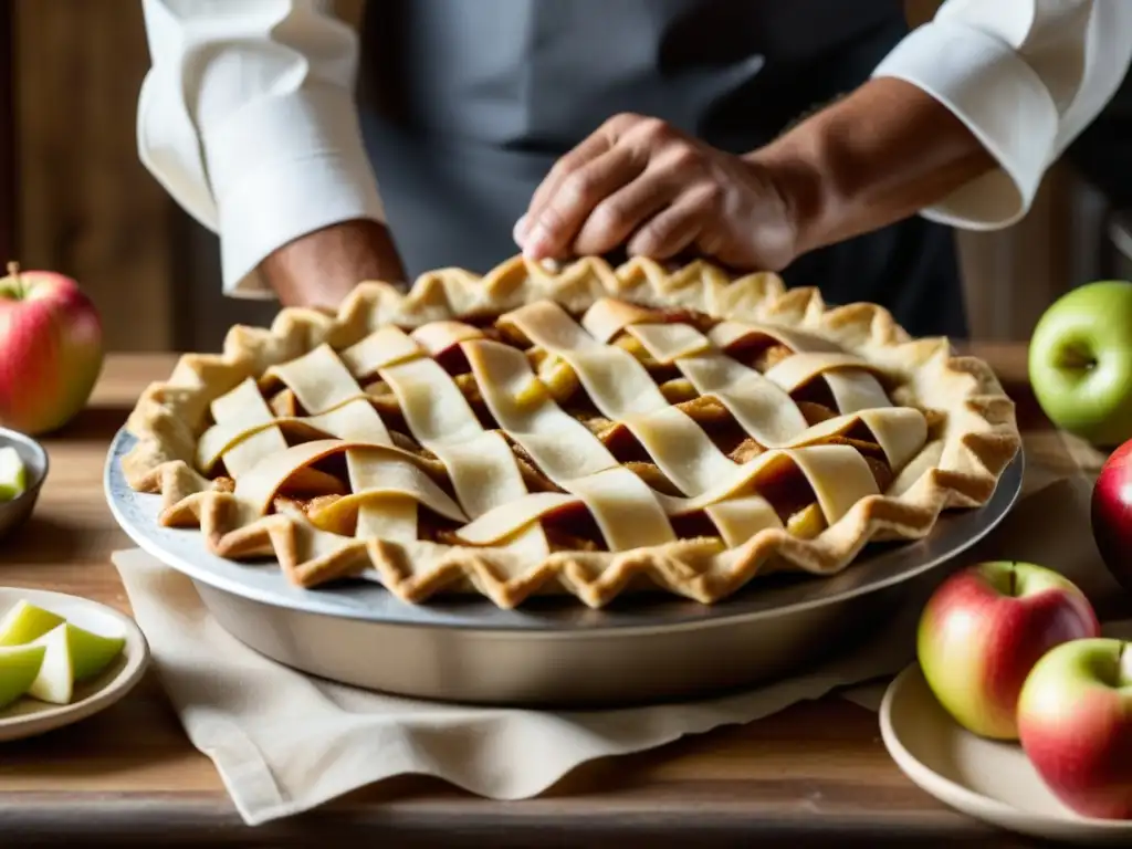 Chef preparando a mano un emblemático pastel de manzana americano en una cocina rústica