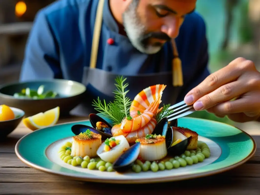 Un chef plantea mariscos frescos en Pompeya, fusionando gastronomía marina antigua con arte culinario moderno