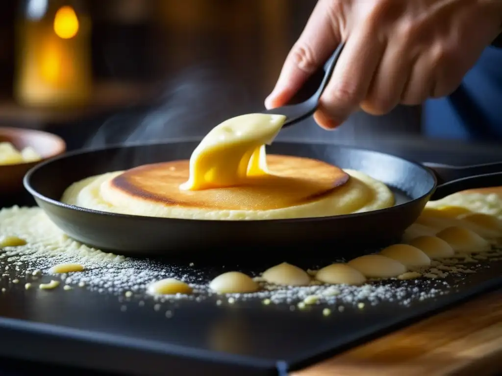 Chef vierte masa de blinis con destreza en sartén caliente