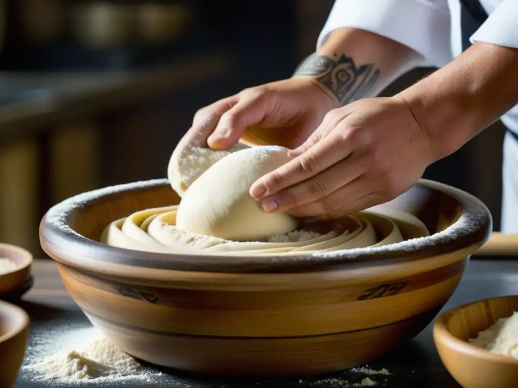 Un chef mezcla masa en un bol de madera con tatuajes de herramientas culinarias y símbolos históricos, fusionando tradición y modernidad en la cocina