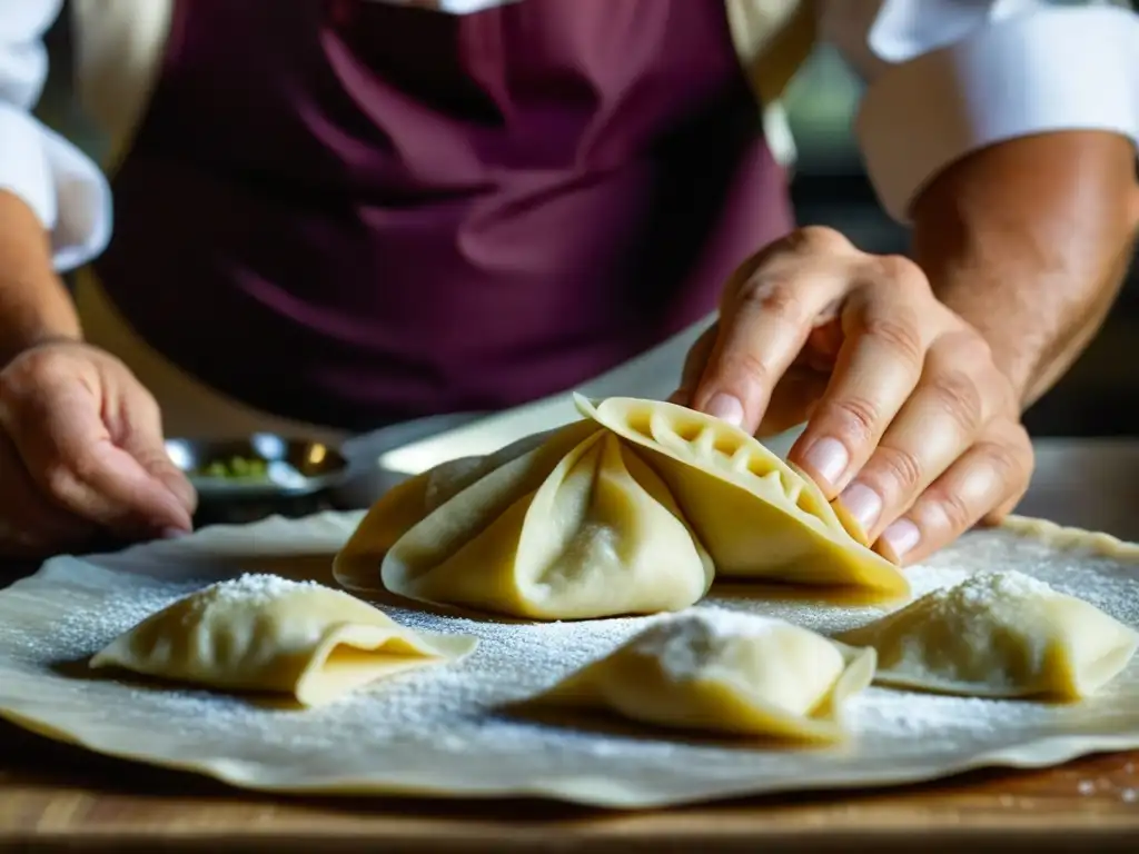 Un chef hábil dobla delicadamente la masa para crear Mantı, destacando la artesanía y precisión