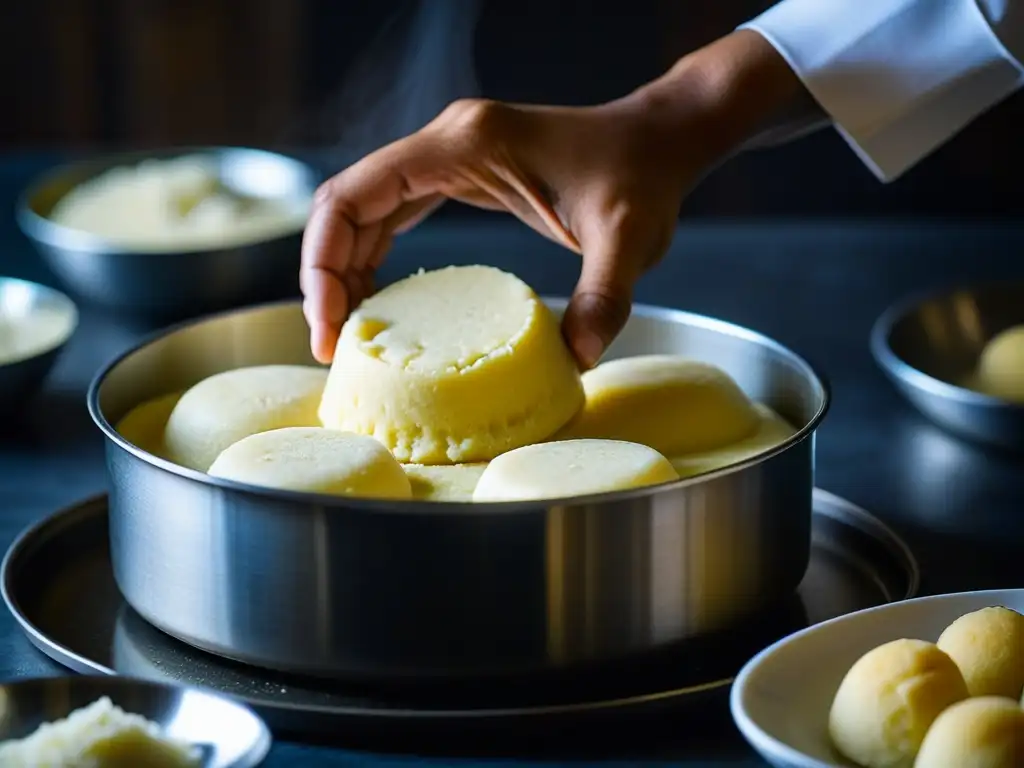 Un chef vierte la masa de idli en un molde circular, mostrando la tradición de desayuno del sur de la India