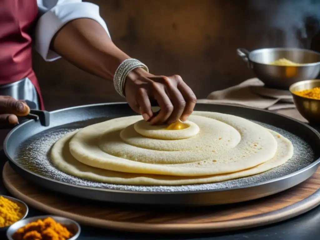 Un chef vierte masa en una plancha para hacer injera etíope, resaltando la destreza y tradición culinaria africana