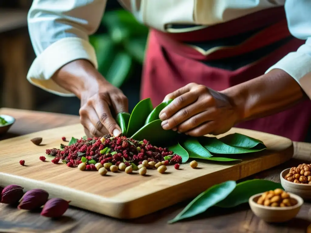 Chef Maya preparando ingredientes silvestres en tabla de madera rústica, conexión profunda con la tierra