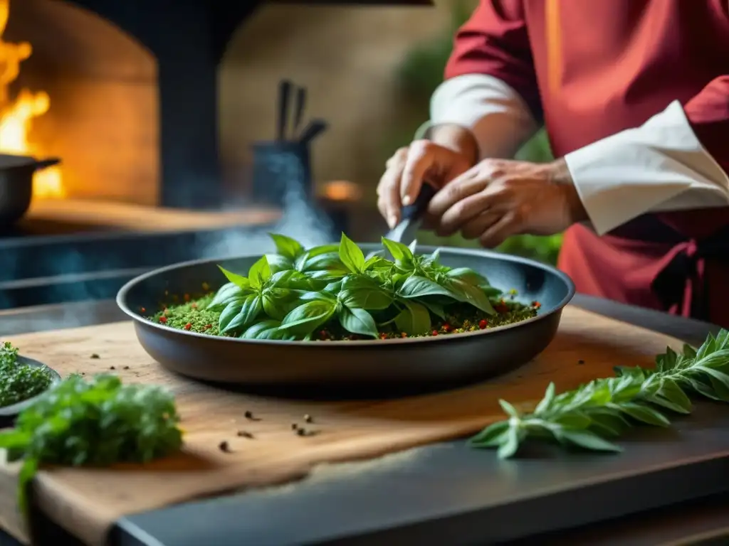 Un chef medieval esparciendo albahaca y orégano en una sartén de especias,  evocando una escena culinaria vibrante y nostálgica