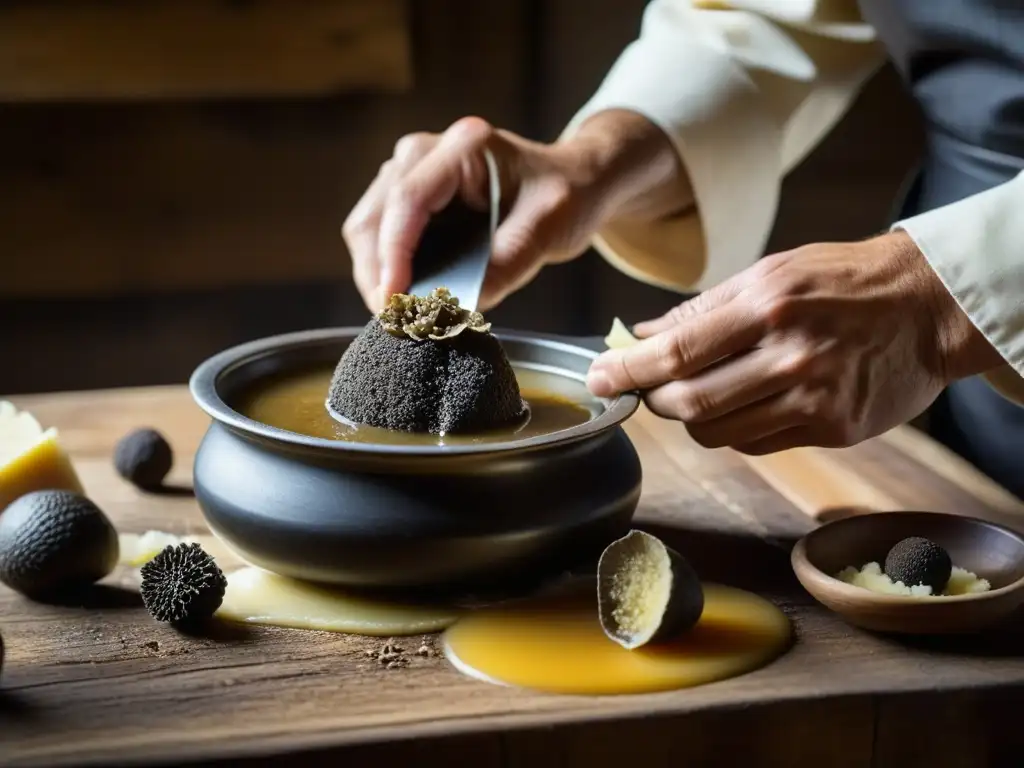 Un chef medieval español trufando sobre un caldo aromático