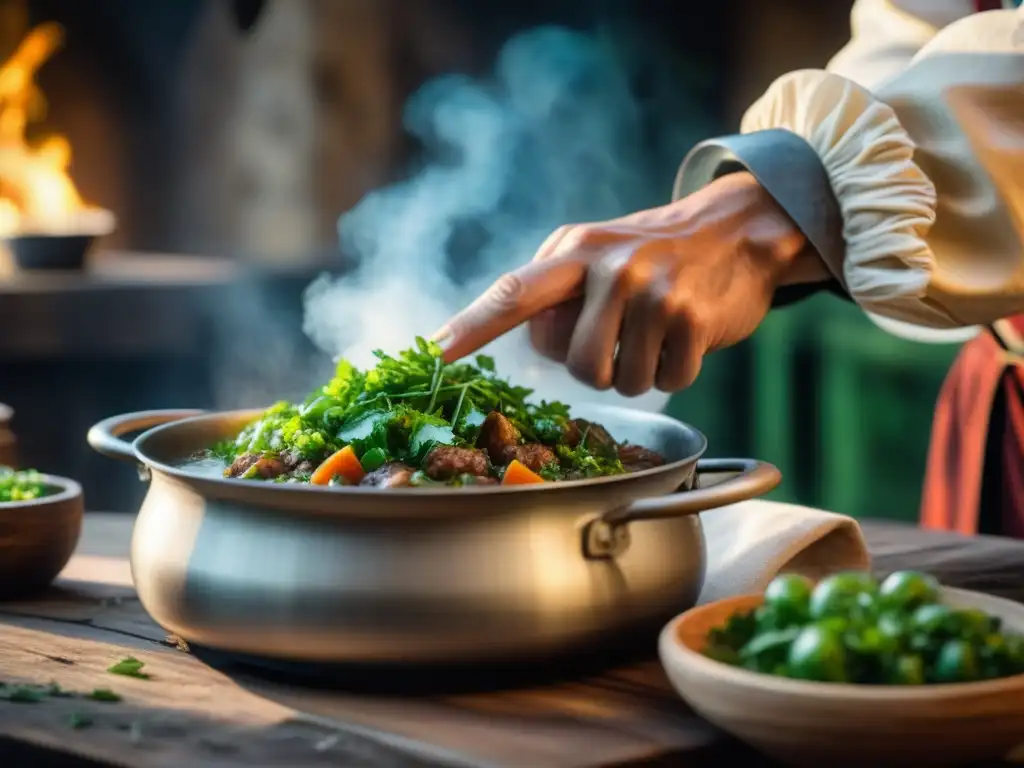 Un chef medieval esparce cilantro fresco sobre un guiso burbujeante en una escena de cocina rústica