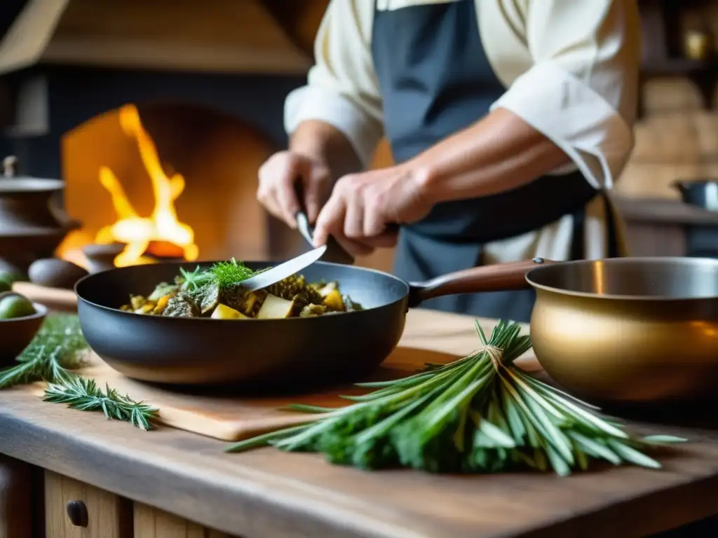 Un chef medieval corta hierbas frescas en una cocina europea renacentista, con utensilios de madera y ollas al fuego