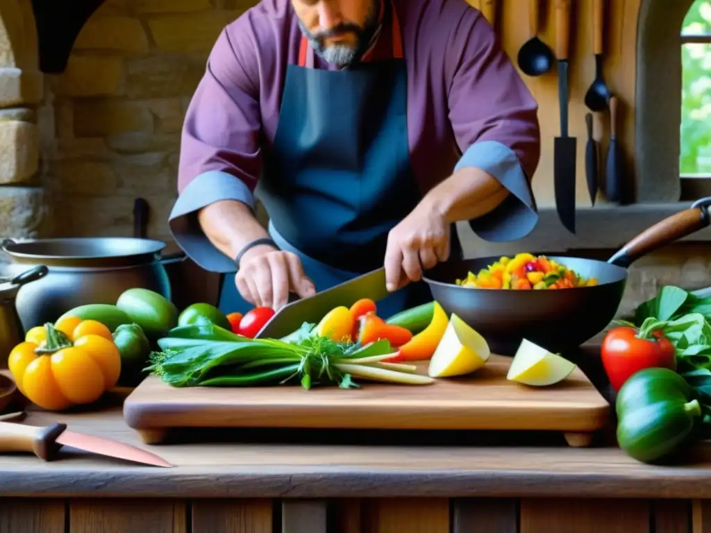 Un chef medieval corta verduras coloridas en una cocina rústica, mostrando prácticas de cocina sostenible en la Edad Media