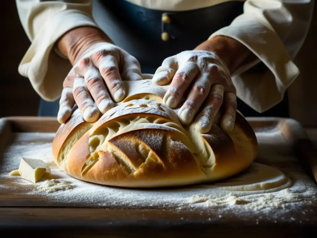 Un chef medieval moldea con detalle una masa para pan en la cocina europea en la Edad Media