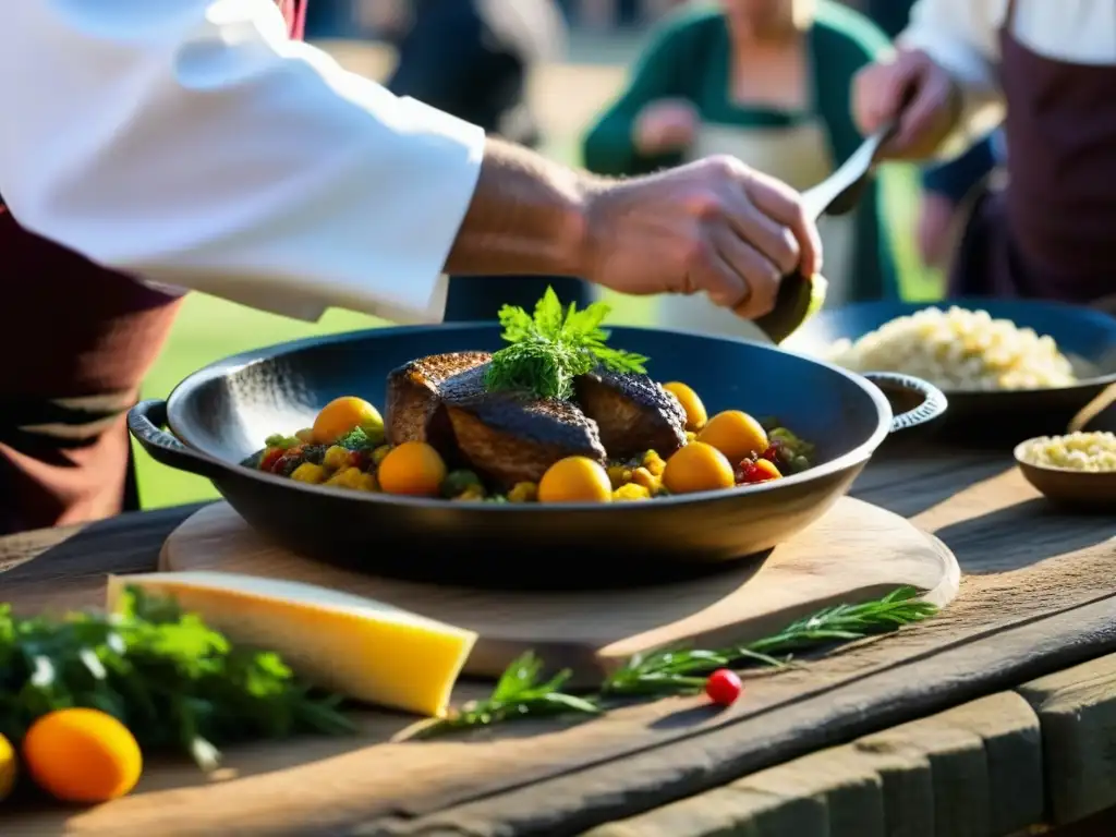 Un chef medieval experto prepara un festín en el Festival Medieval de Provins recetas, enfocando en detalles culinarios