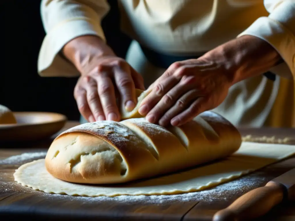 Un chef medieval experto amasa masa para pan tradicional, mostrando detalles históricos