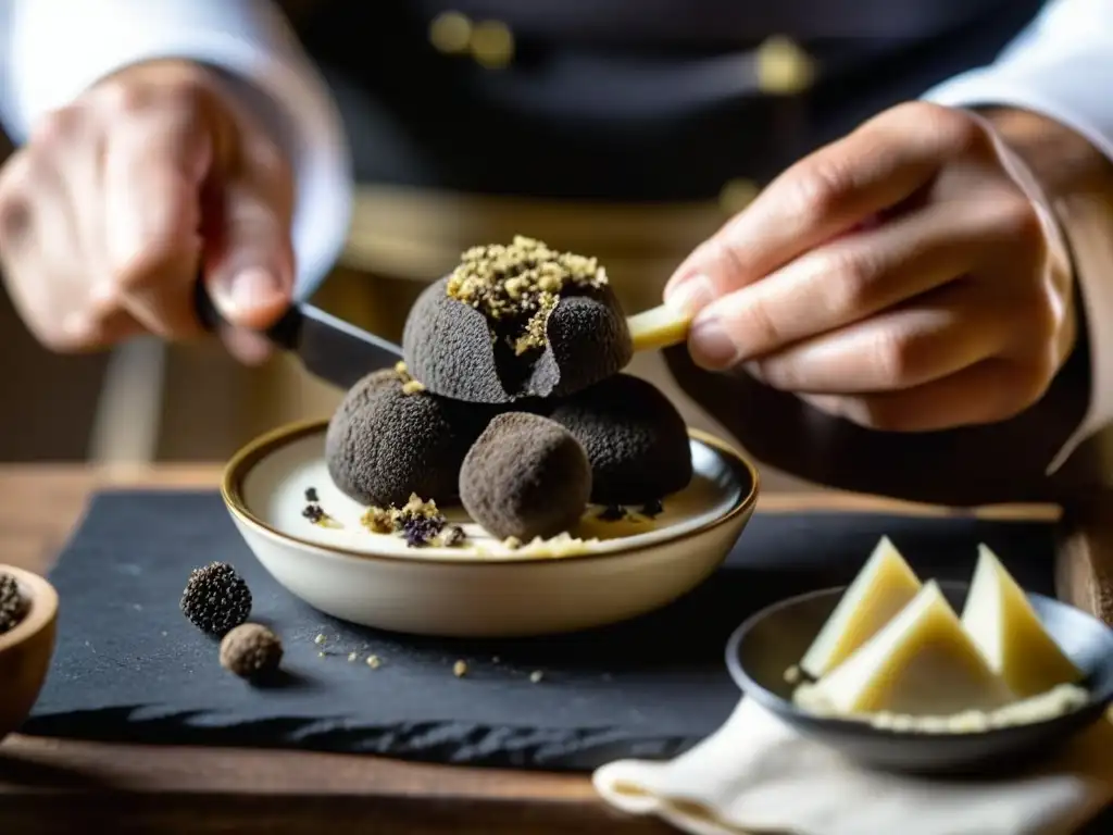 Un chef medieval experto usando trufas en la cocina, resaltando la exquisitez y tradición culinaria