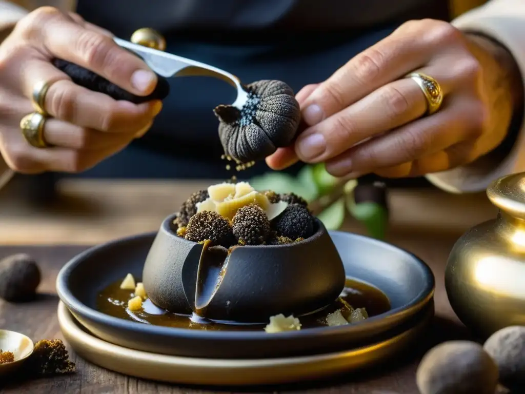 Un chef medieval español experto en trufas negras enriquece un guiso aromático en una cocina antigua