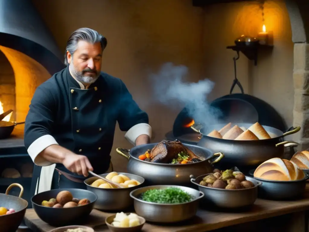 Un chef medieval prepara una festín en una bulliciosa cocina de la Europa medieval renacentista, con ingredientes exóticos y una decoración detallada