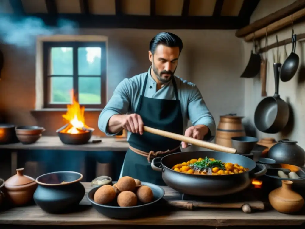 Un chef medieval prepara una fiesta real en una cocina rústica, destacando la cocina europea en la Edad Media