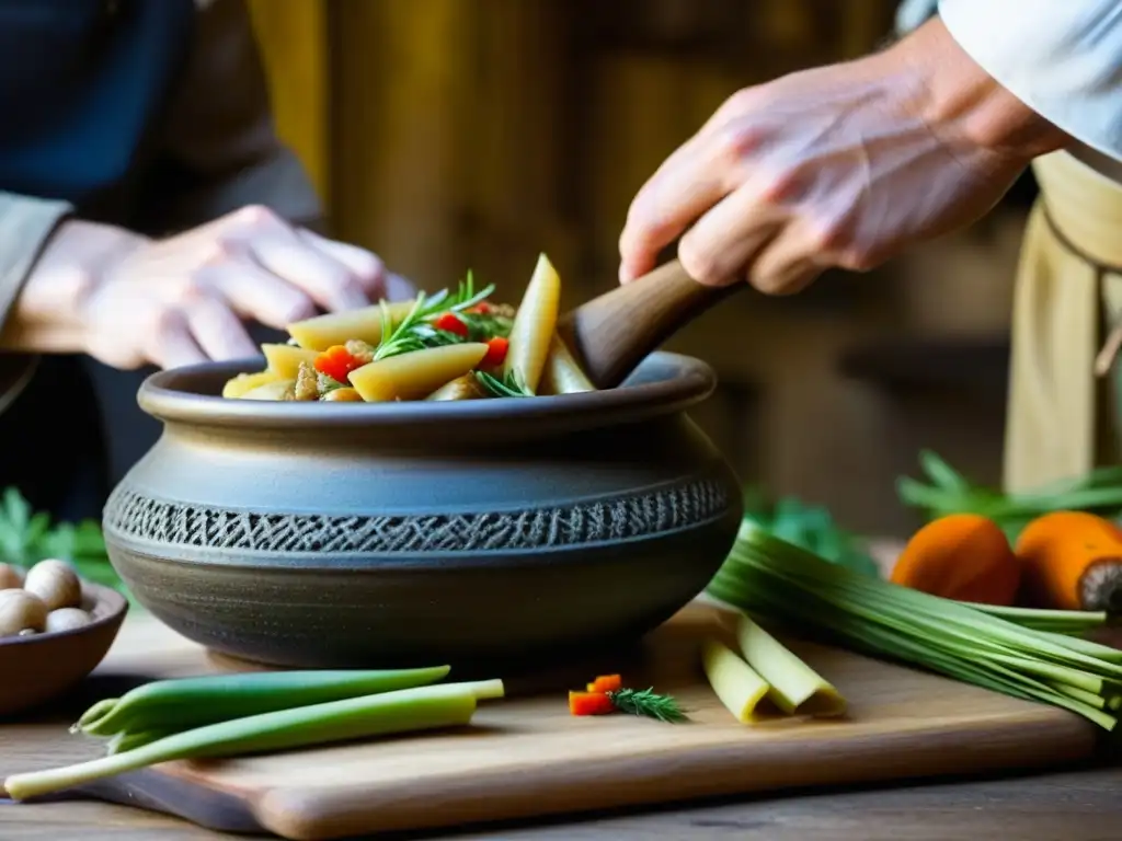 Un chef medieval rallando galanga fresca en un caldero de estofado, mostrando la importancia de la galanga en cocina medieval europea