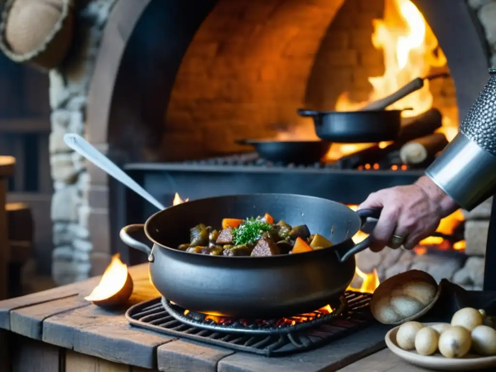 Un chef medieval prepara un guiso en una cocina de guerra en Europa, con soldados esperando