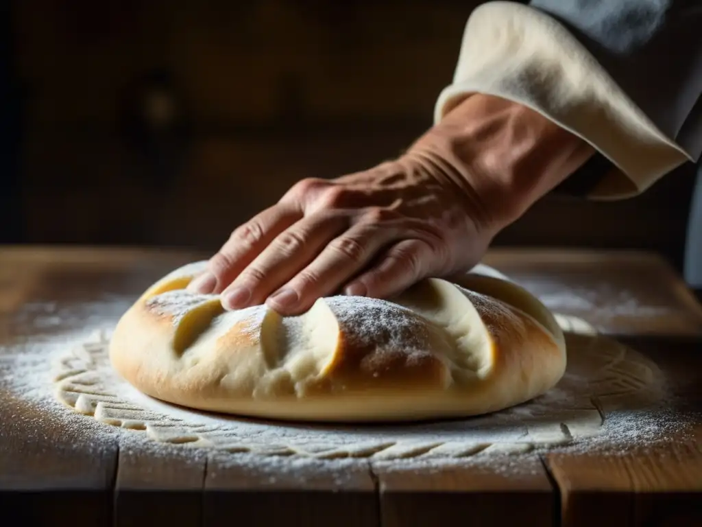 Un chef medieval moldea con maestría una masa para una receta tradicional, en una cocina de época