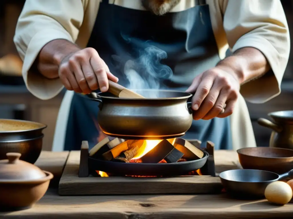 Un chef medieval sazona una olla en cocina antigua