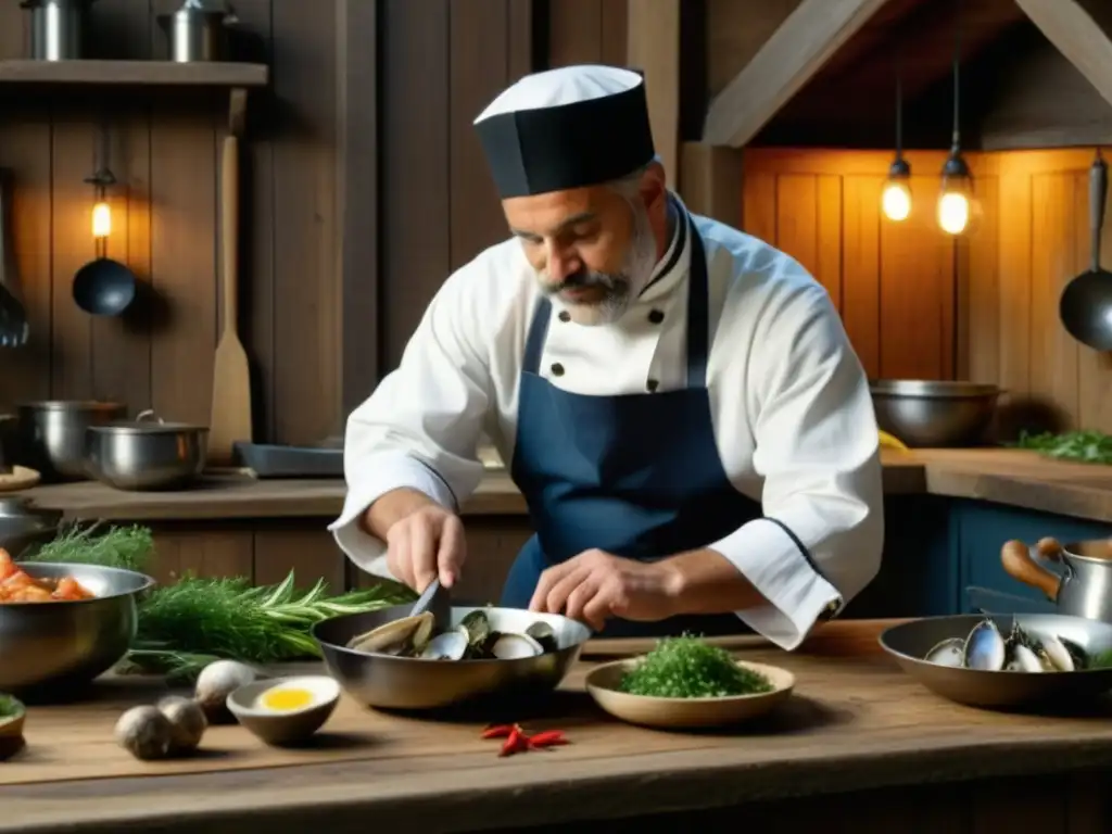 Un chef medieval preparando pescados y mariscos con precisión en una cocina de la época, papel pescados mariscos cocina medieval