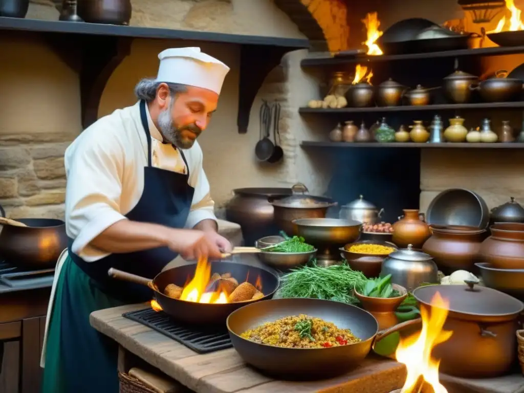 Un chef medieval prepara un plato tradicional en una bulliciosa cocina europea del pasado