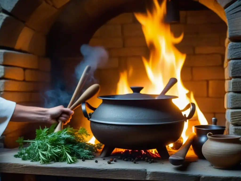 Un chef medieval preparando una receta en un castillo, rodeado de especias y utensilios antiguos