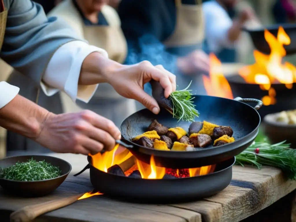 Un chef medieval prepara una receta en el Festival Medieval de Provins, sus manos hábiles y vestimenta auténtica destacan