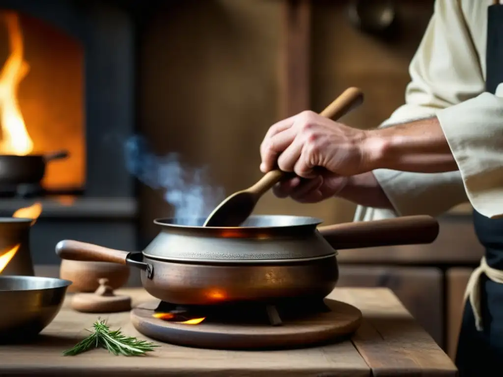 Un chef medieval preparando una receta histórica en una cocina rústica