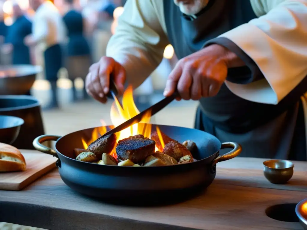 Un chef medieval preparando recetas en el Festival Medieval de Provins, con ingredientes y fuego creando delicias culinarias