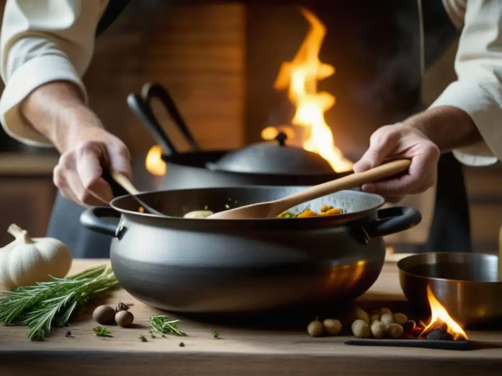 Chef experto recrea receta medieval en cocina contemporánea Chef medieval recreando recetas históricas Europa Edad Media en cocina rústica