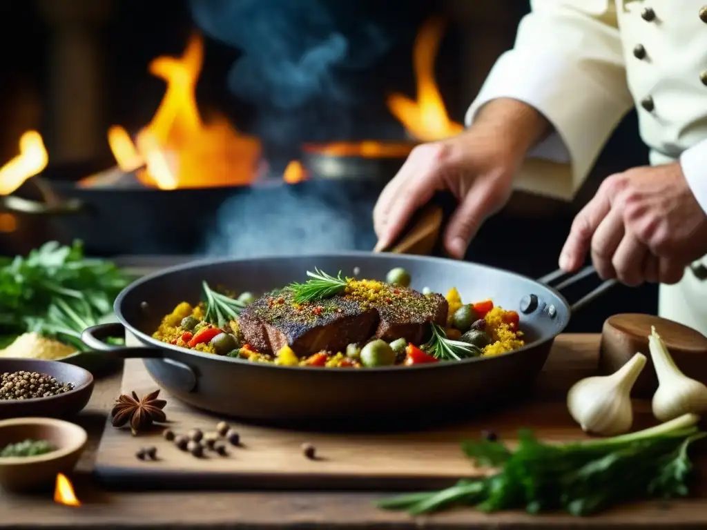 Un chef medieval preparando recetas históricas Edad Media con especias y ingredientes tradicionales en una sartén sizzling