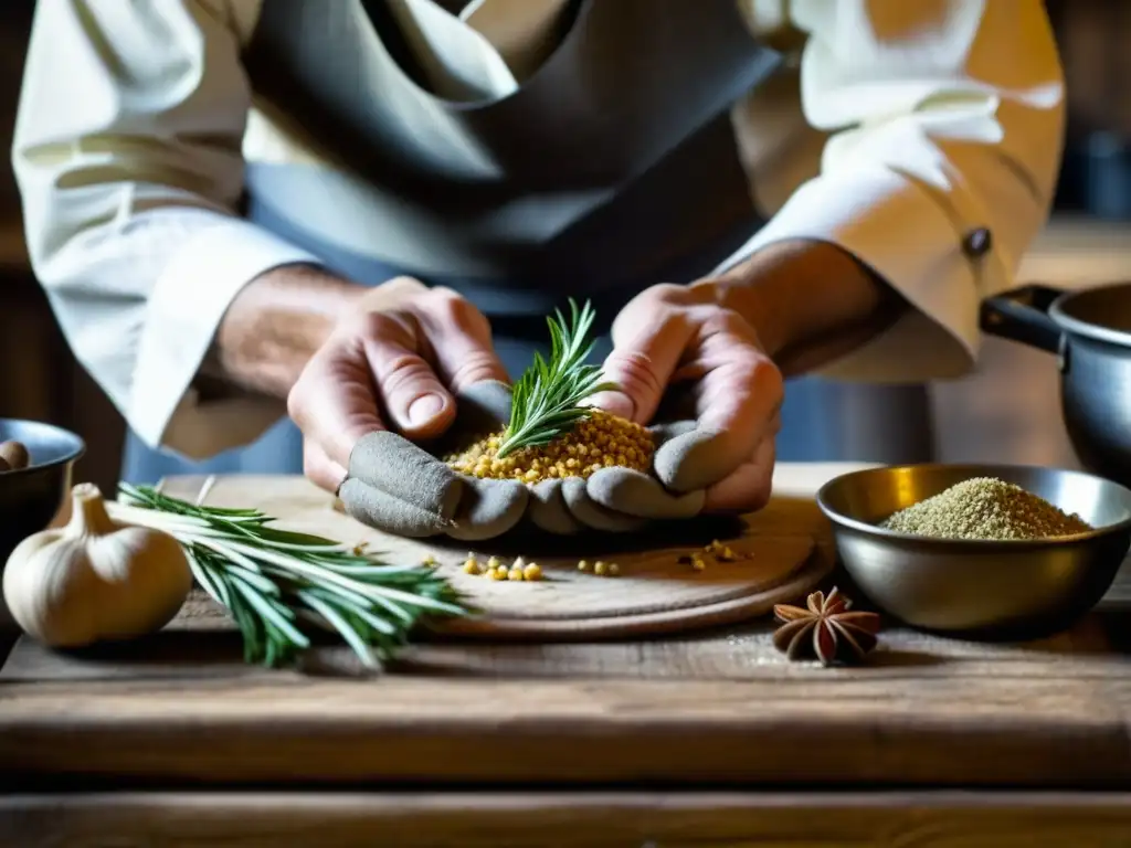 Un chef medieval prepara con maestría recetas históricas de la Edad Media en una cocina rústica