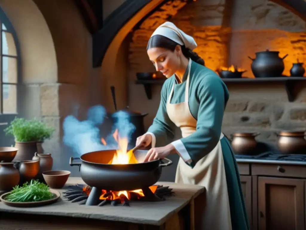 Un chef medieval preparando recetas históricas en la cocina de un castillo, rodeado de utensilios de hierro y ingredientes frescos