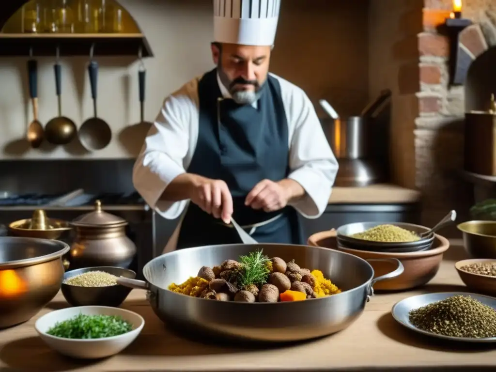 Chef medieval fusionando técnicas culinarias de Europa y Oriente en una cocina durante las Cruzadas