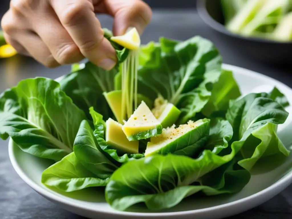 Un chef prepara con meticulosidad una ensalada César tradicional, resaltando la artesanía y el origen cultural de esta historia culinaria