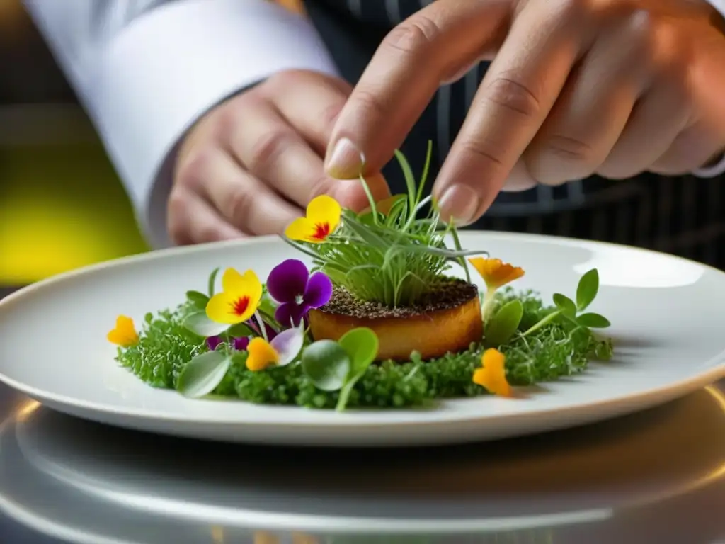 Un chef meticuloso plantea un plato sofisticado con microgreens y flores comestibles, mostrando la precisión en la alta cocina