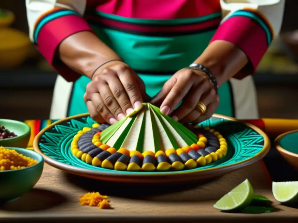 Un chef mexicano crea con destreza un platillo azteca, resaltando ingredientes y técnicas culinarias antiguas