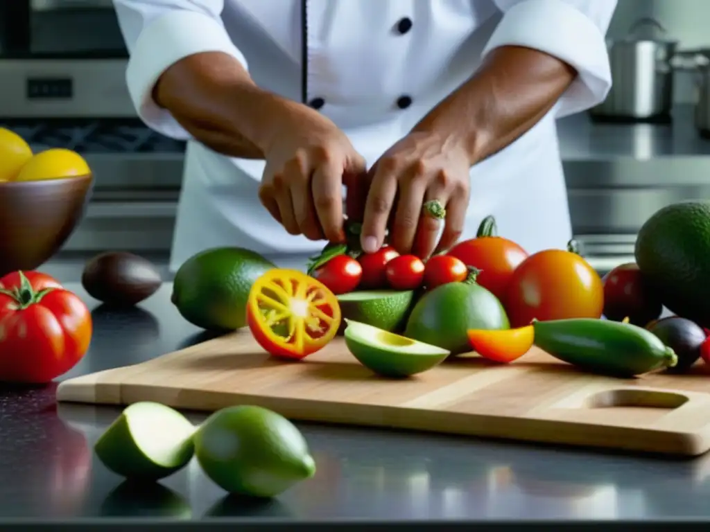 Un chef mexicano innovador preparando ingredientes frescos con precisión en una cocina moderna