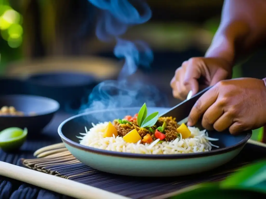 Un chef micronesio prepara con destreza una receta histórica, resaltando la rica cocina de Micronesia