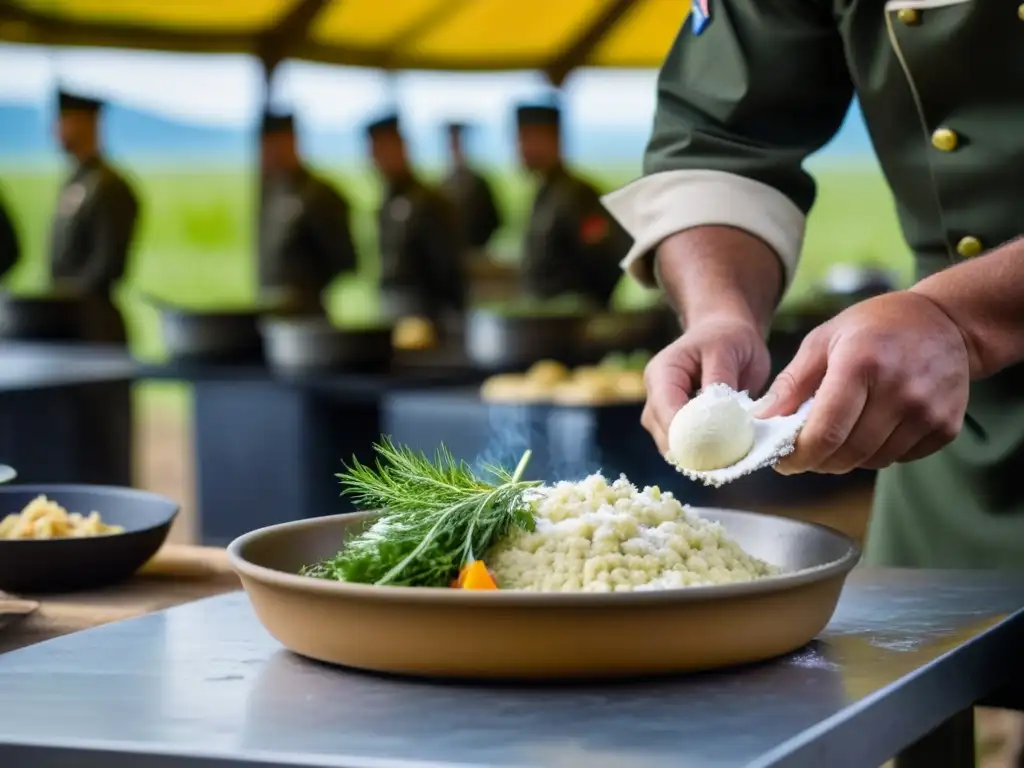 Un chef militar en campo de batalla, experto y creativo, prepara innovaciones culinarias mientras soldados esperan ansiosos