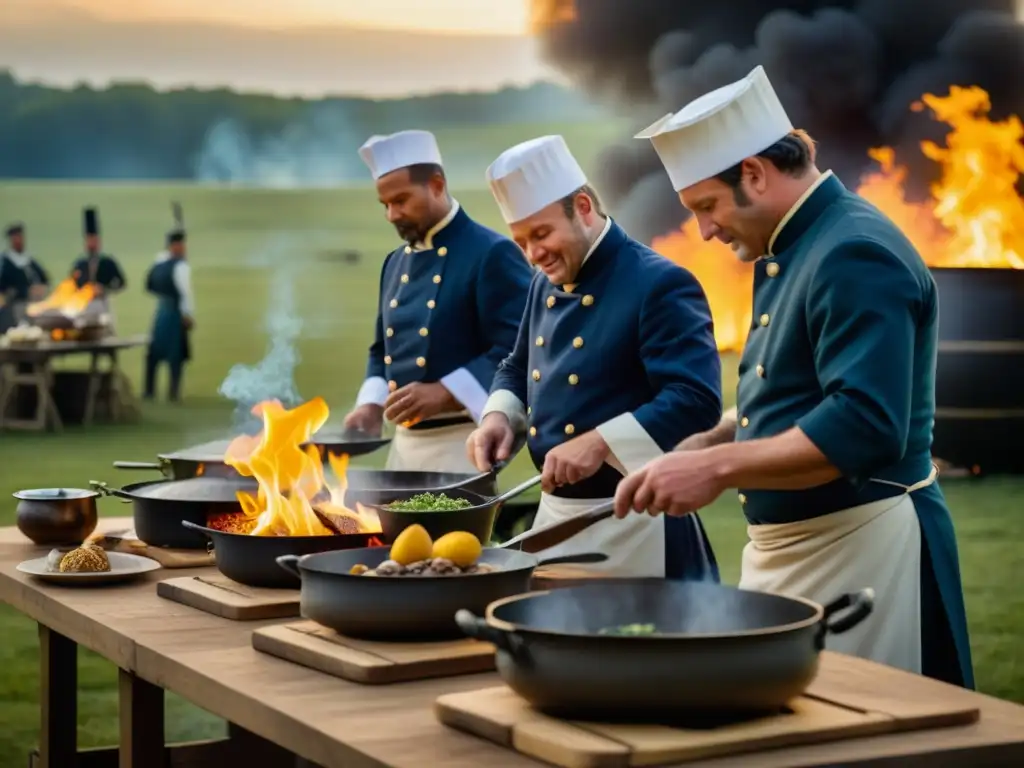 Chef militares preparan festín en campo de batalla Napoleónico, fusionando raciones militares con arte culinario