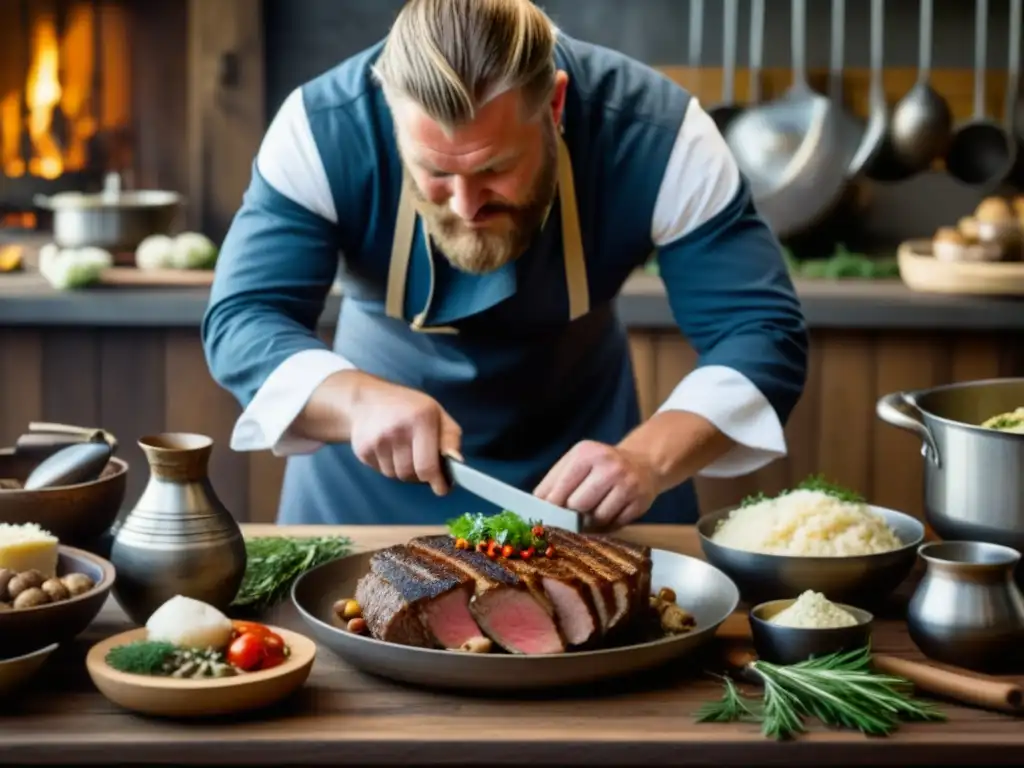 Un chef moderno en atuendo vikingo prepara una festín vikingo con Recetas históricas vikingas con contexto