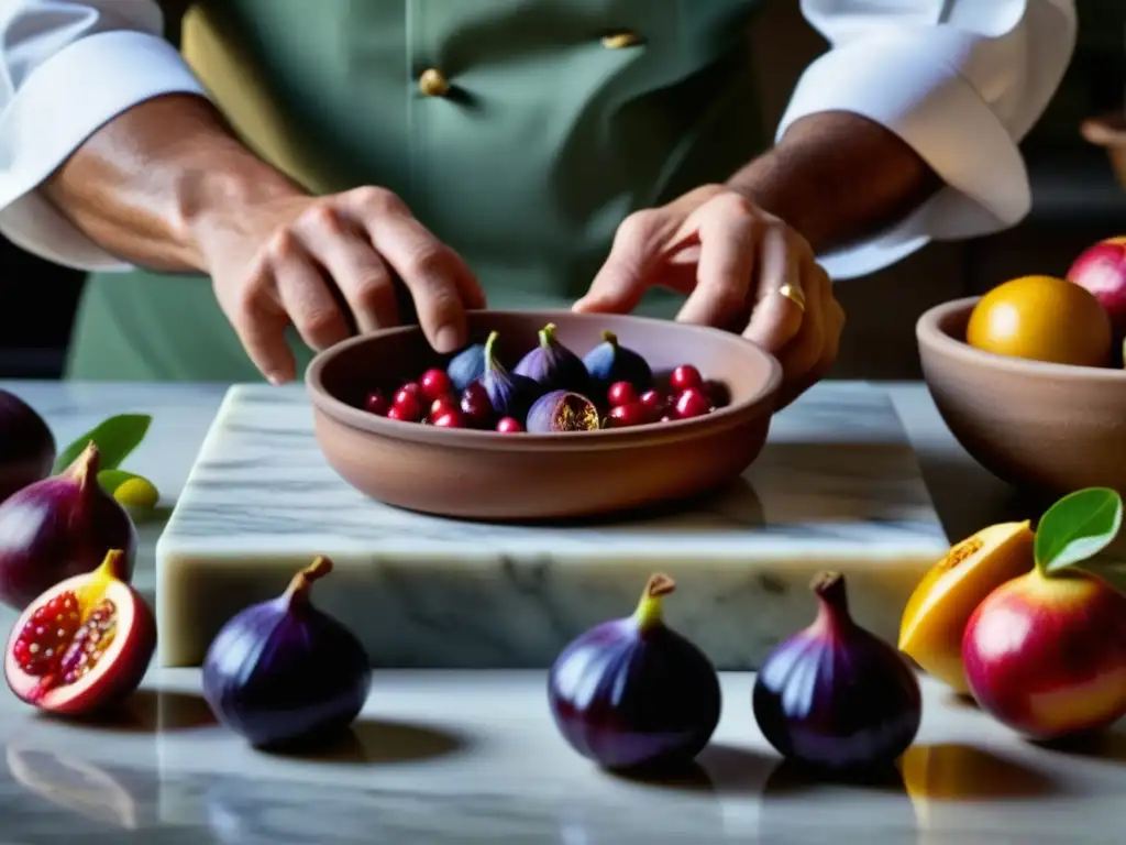 Un chef moderno preparando ingredientes en un mostrador de cocina romana, fusionando recetas históricas con culturas y épocas de relevancia