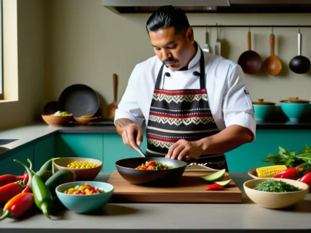 Un chef moderno prepara un platillo prehispánico en una cocina contemporánea, fusionando técnicas ancestrales con herramientas actuales