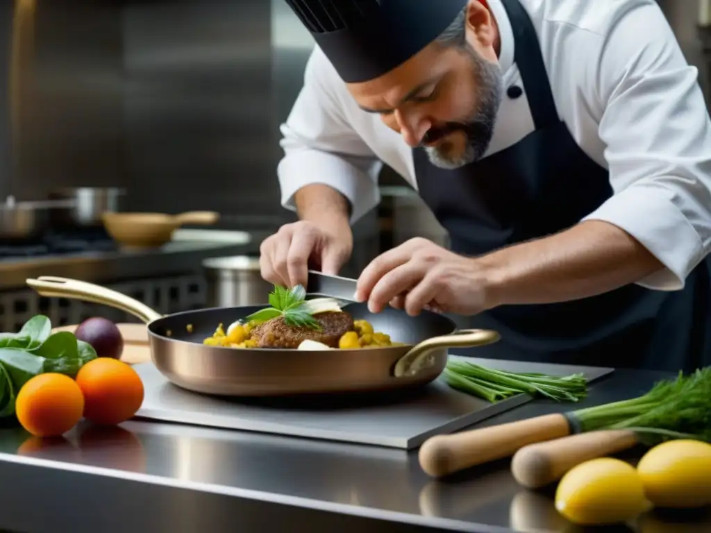 Chef moderno preparando plato medieval en cocina contemporánea