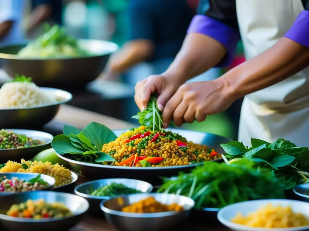 Un chef Mon experto creando platos tradicionales en un bullicioso mercado tailandés, mostrando la diversidad gastronómica de Tailandia